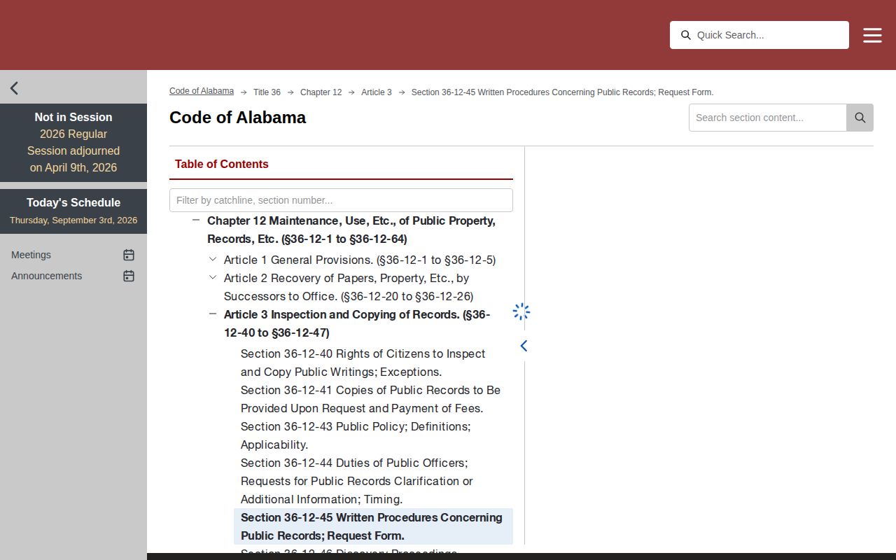Alabama written public-record request statute page used for Etowah County records