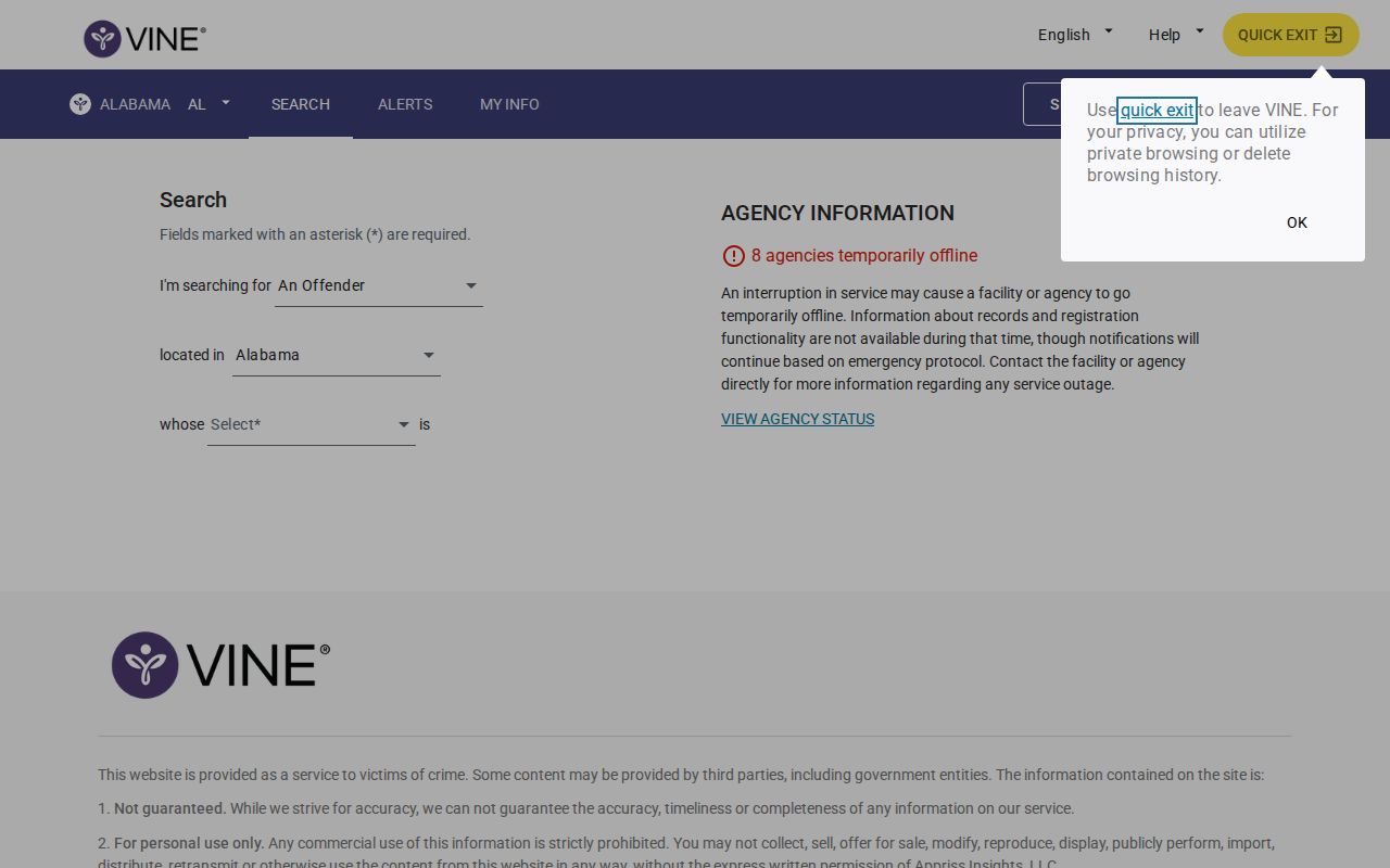 Official VINELink Alabama person search screen